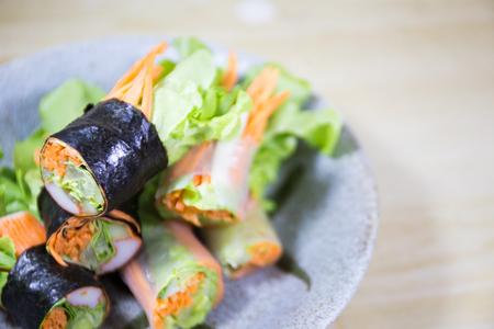 salad row with sea food sourceの写真素材
