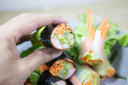 salad row with sea food sourceの写真素材
