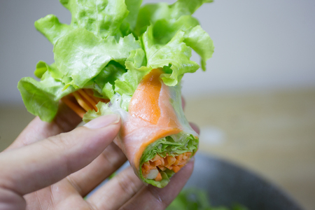 salad row with sea food sourceの写真素材