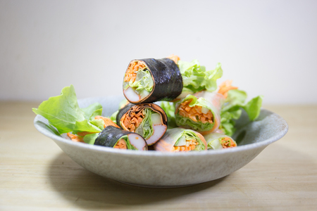 salad row with sea food sourceの写真素材