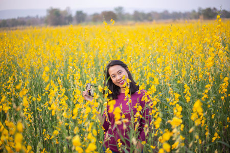 Young woman in a field of yellow flowersの写真素材