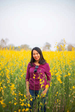 Young woman in a field of yellow flowersの写真素材