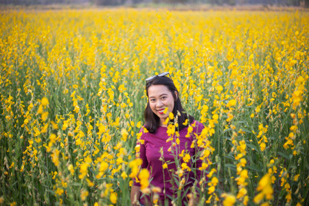 Young woman in a field of yellow flowersの写真素材