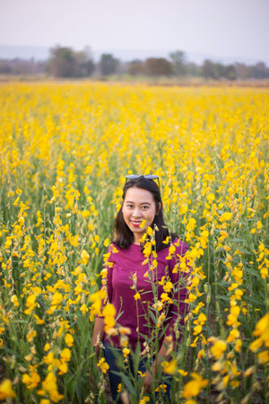 Young woman in a field of yellow flowersの写真素材
