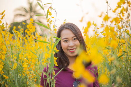 Young woman in a field of yellow flowersの写真素材