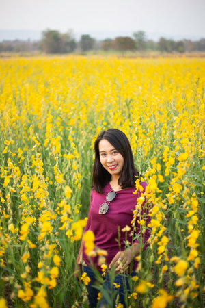 Young woman in a field of yellow flowersの写真素材