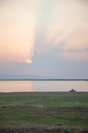 View of the river bank during sunset.の写真素材