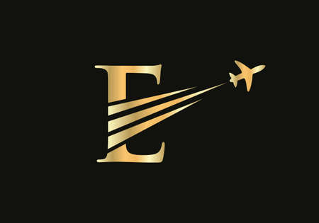 Modern Air Travel Logo Design with E letter. E letter Concept air plane and travel logo.のイラスト素材