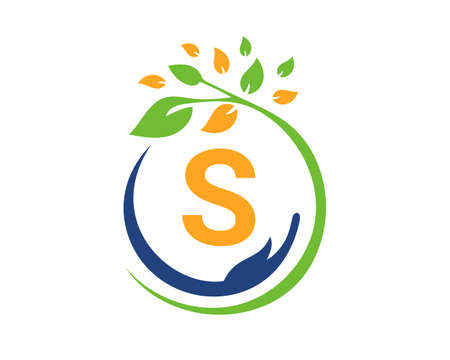 Charity logo with hand, leaf and S letter concept. Hand care foundation logoのイラスト素材