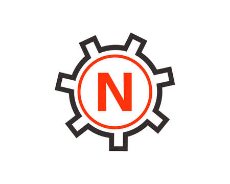Gear Logo on letter N. Initial N Gear Letter Logo Design Template. N Gear Engineer Logoのイラスト素材