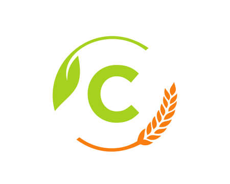 Agriculture Logo On C Letter Concept. Agriculture and farming logo design. Agribusiness, Eco-farm and rural country design with C letter Templateのイラスト素材