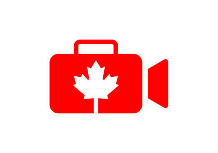 Canadian Videography Logo Design. Videography Logo With Canadian Read Maple Leaf Template. Video camera icon designのイラスト素材