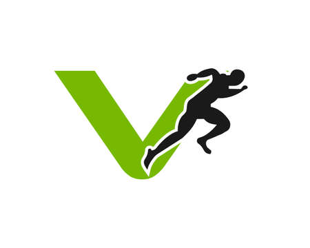 Sport Running Man Front View On Letter V Logo. Running man Silhouette Logo Template For Marathon, template, Running Club Or Sports Club Logoのイラスト素材