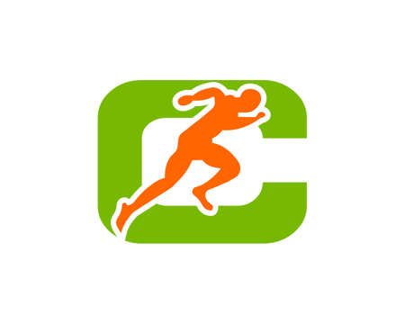 Sport Running Man Front View On Letter C Logo. Running man Silhouette Logo Template For Marathon, template, Running Club Or Sports Club Logoのイラスト素材