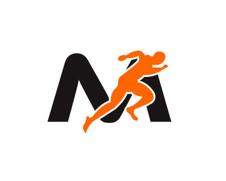 Sport Running Man Front View On Letter M Logo. Running man Silhouette Logo Template For Marathon, template, Running Club Or Sports Club Logoのイラスト素材
