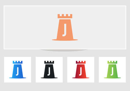 Castle Logo On Letter J. Castle King Logo Design Initial J Letter Concept Vector Templateのイラスト素材