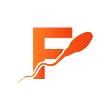 Sperm, Egg Cell Logo On Letter F Template. Sperm Bank Medical Logo. Sperm Logo Vector Iconのイラスト素材