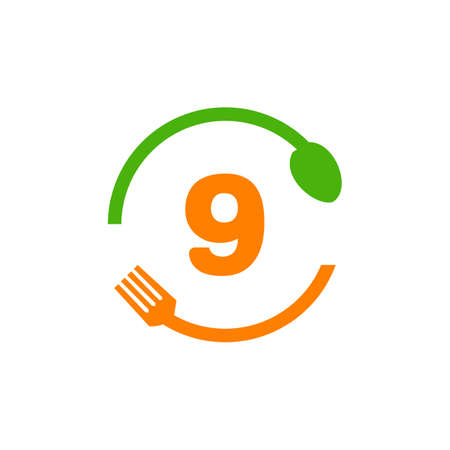 Restaurant Logo Design On Number 9 With Spoon And Fork Concept Template. Kitchen Tools, Food Icon. Cooking Logo, Bbq Sign, Grill Fork With 9 Number Vectorのイラスト素材