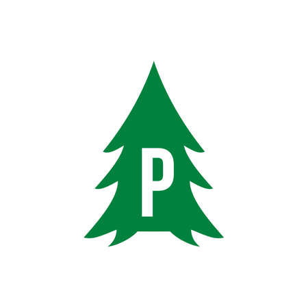 Pine Tree Logo Design On Letter P Template. Pine Tree Hotel Resort Wood Park Logo Designのイラスト素材