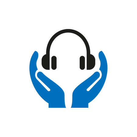 Mudic Hand logo design. Headphone logo with Hand concept vector. Hand and Headphone logo designのイラスト素材