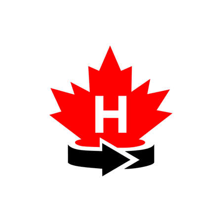 Canadian Maple Leaf Logo Design On Letter H Template. Red Maple Canadian Logotype With H Letter Vectorのイラスト素材