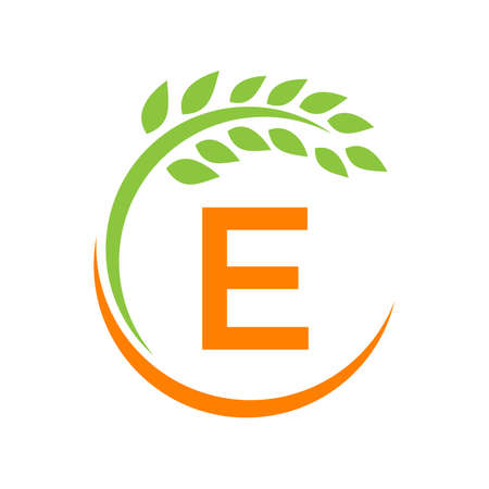 Agriculture Logo On E Letter Concept. Agriculture And Farming Pasture, Milk, Barn logo design. Farm Badge, Agribusiness, Eco-farm Design With E Letter Templateのイラスト素材