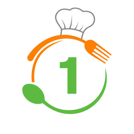 Number 1 Logo With Chef Hat, Spoon And Fork For Restaurant Logo. Restaurant Logotype On Number 1 Spoon And Fork Conceptのイラスト素材