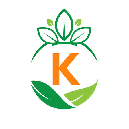 Ecology Health On Letter K Eco Organic Logo Fresh, Agriculture Farm Vegetables. Healthy Organic Eco Vegetarian Food K Logotype Design Vector templateのイラスト素材