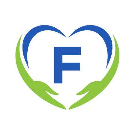Hand Care Logo On Letter F. Letter F Charity Logo, Healthcare Care, Foundation with Hand Symbolのイラスト素材
