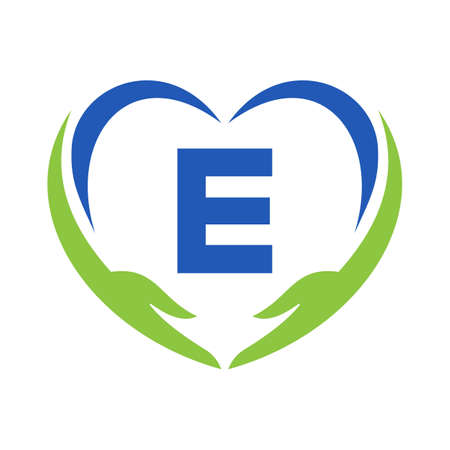 Hand Care Logo On Letter E. Letter E Charity Logo, Healthcare Care, Foundation with Hand Symbolのイラスト素材