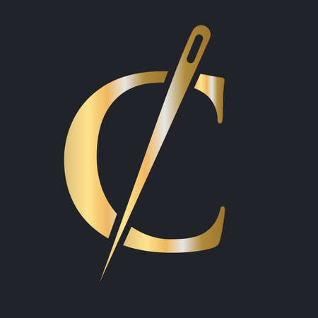 Initial Letter C Tailor Logo, Needle and Thread Combination for Embroider, Textile, Fashion, Cloth, Fabric, Golden Color Templateのイラスト素材