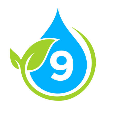Eco Leaf and Water Drop Logo on Letter 9 Template. Letter 9 Water Concept