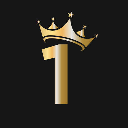 Letter 1 Crown Logo. Crown Logo on Letter 1 Vector Template for Beauty, Fashion, Star, Elegant, Luxury Signのイラスト素材