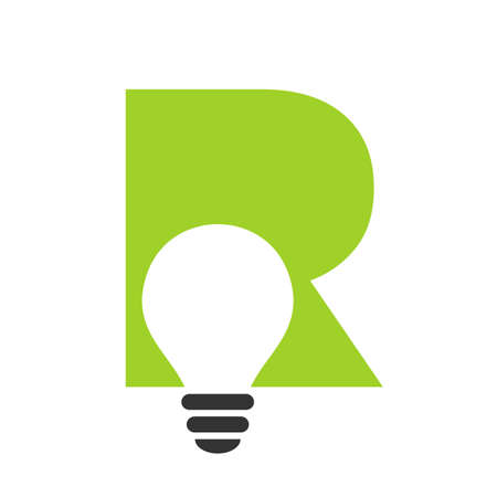 Letter R Electric Logo Combine With Electric Bulb Icon Vector Template. Light Bulb Logotype Sign Symbolのイラスト素材
