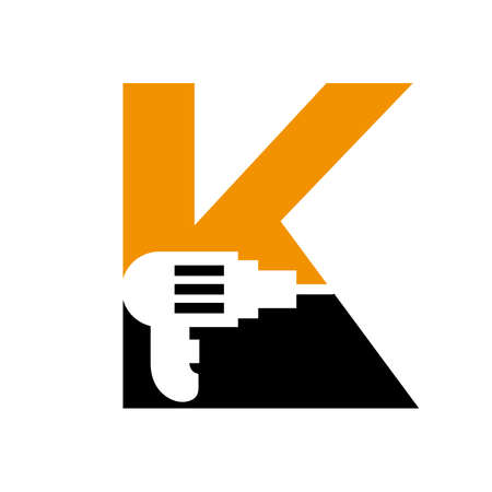 Letter K Manufacturing Construction Logo Design Concept With Drill Machine Symbol Vector Templateのイラスト素材
