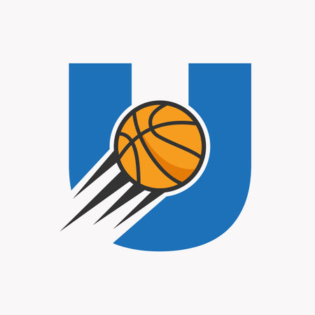 Initial Letter U Basketball Logo Concept With Moving Basketball Icon. Basket Ball Logotype Symbol Vector Templateのイラスト素材