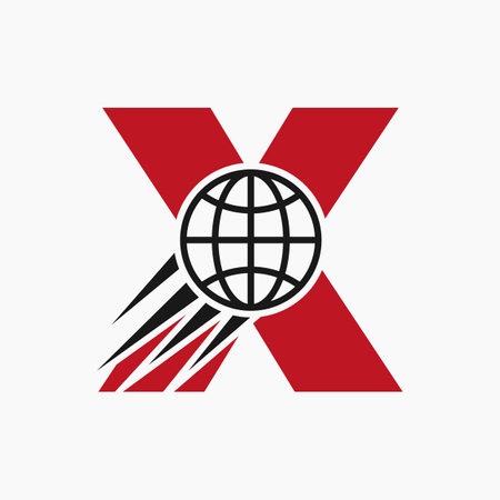 Letter X Global Logo Concept With Moving World Icon. Global Logotype Symbol Vector Templateのイラスト素材