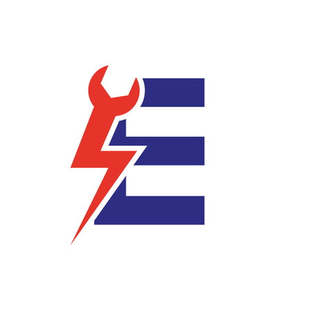 Initial Letter E Repair Wrench And Volt Power Logo Design For Repair, Electrical Sign Vector Templateのイラスト素材