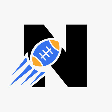Letter N Rugby Logo Concept With Moving Rugby Ball Icon. Rugby Sports Logotype Symbol Vector Templateのイラスト素材