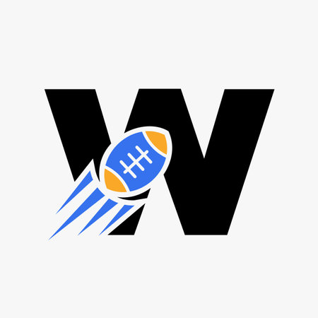 Letter W Rugby Logo Concept With Moving Rugby Ball Icon. Rugby Sports Logotype Symbol Vector Templateのイラスト素材