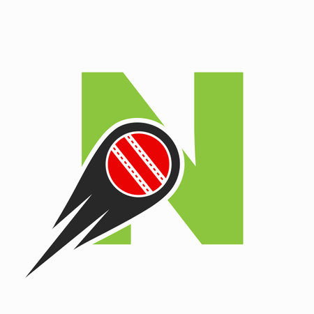 Letter N Cricket Logo Concept With Moving Ball Icon For Cricket Club Symbol. Cricketer Signのイラスト素材