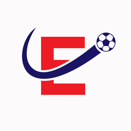 Letter E Soccer Logo. Football Logo Concept With Moving Football Iconのイラスト素材