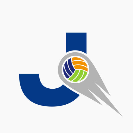 Letter J Volleyball Logo Concept With Moving Volley Ball Icon. Volleyball Sports Logotype Templateのイラスト素材