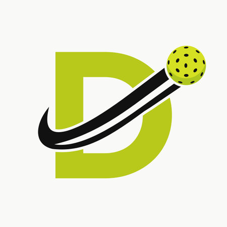 Letter D Pickleball Logo Concept With Moving Pickle Ball Symbol. Pickle Ball Logotypeのイラスト素材