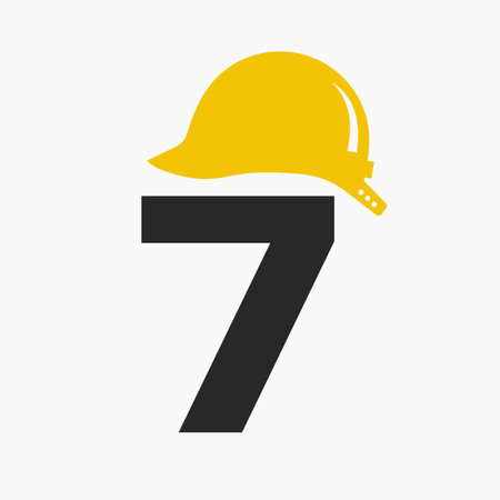 Letter 7 Helmet Construction Logo Concept With Safety Helmet Icon. Engineering Architect Logotypeのイラスト素材