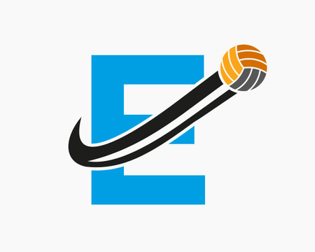 Letter E Volleyball Logo Concept With Moving Volley Ball Icon. Volleyball Sports Logotype Templateのイラスト素材