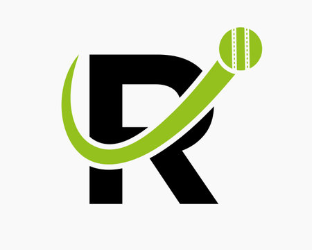 Letter R Cricket Logo Concept With Moving Ball Icon For Cricket Club Symbol. Cricketer Signのイラスト素材