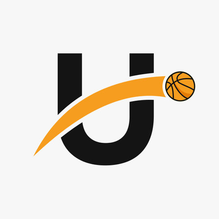 Basketball Logo On Letter U With Moving Basketball Icon. Basket Ball Logotype Symbolのイラスト素材