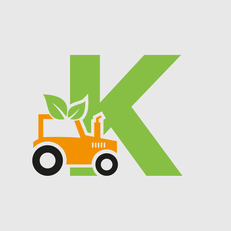 Letter K Agriculture Logo Concept With Tractor Icon Vector Template. Eco Farm Symbolのイラスト素材