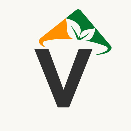 Agriculture Logo On Letter V Concept With Farmer Hat Icon. Farming Logotype Templateのイラスト素材